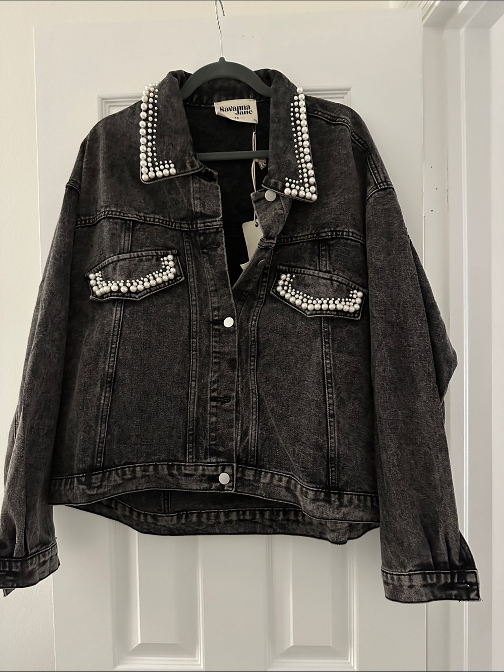 Savanna Jane Black Pearl-Trim Denim Jacket